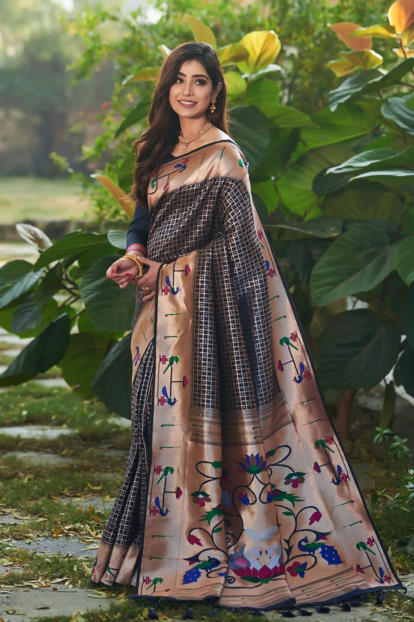 Dark Blue Banarasi Soft Silk Paithani Saree With Fancy Meena Weaves