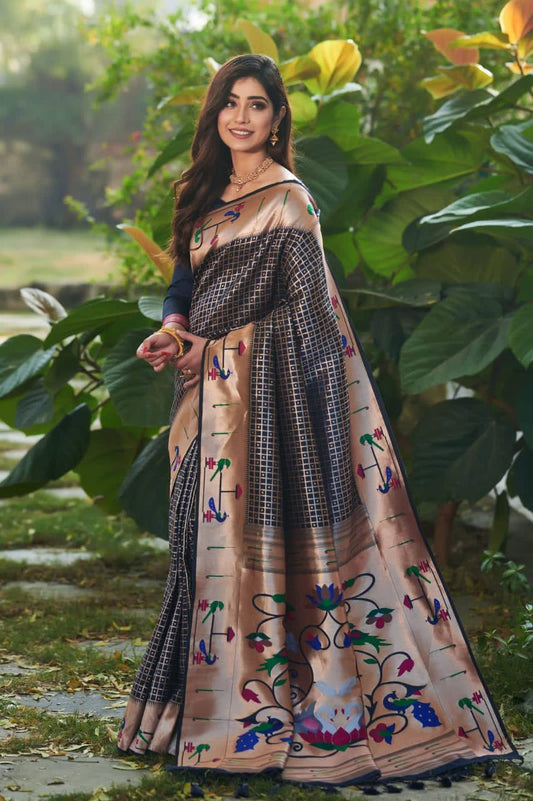 Dark Blue Banarasi Soft Silk Paithani Saree With Fancy Meena Weaves