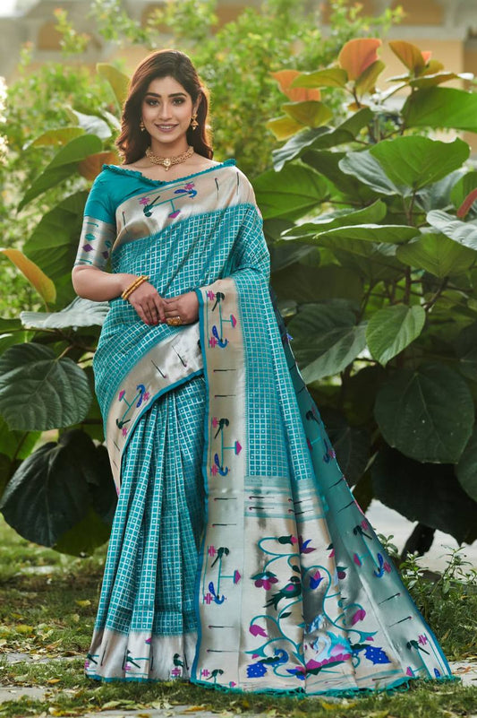 Sky Blue Banarasi Soft Silk Paithani Saree With Fancy Meena Weaves