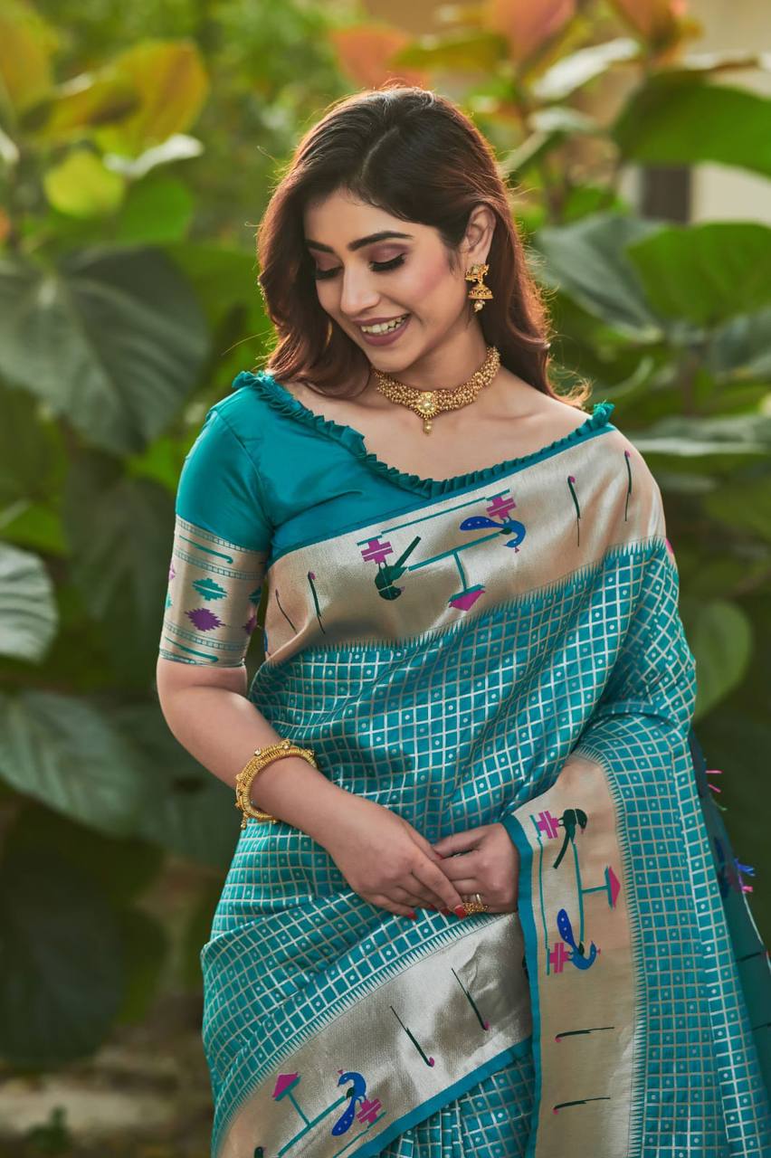 Sky Blue Banarasi Soft Silk Paithani Saree With Fancy Meena Weaves