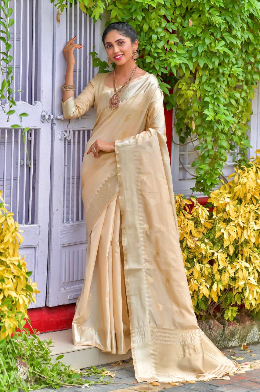 Cream Soft Assam Silk Saree With Zari Weaves Butties