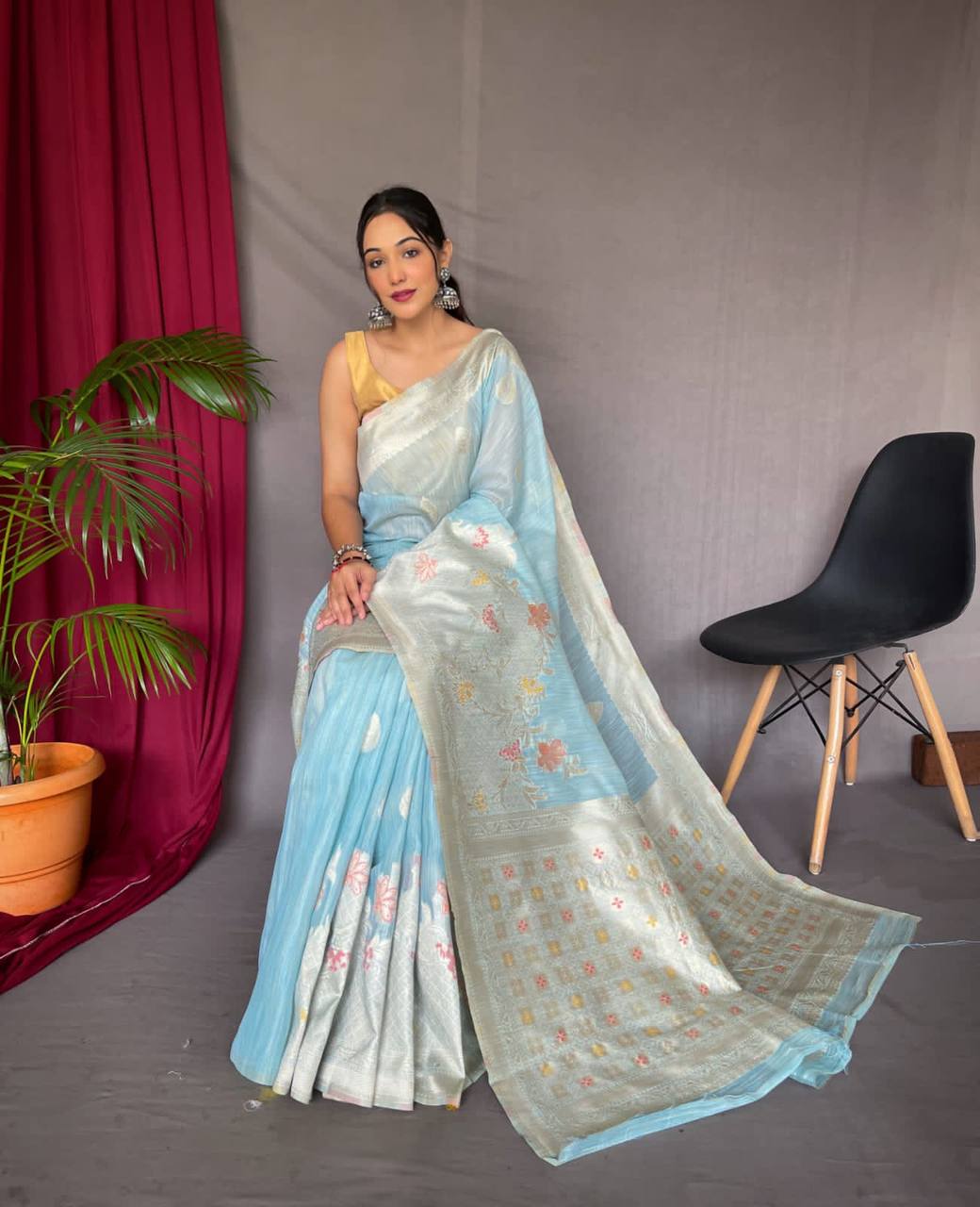 Sky Blue Pure Linen Slub Silk Saree With Orignal Zari Weaving