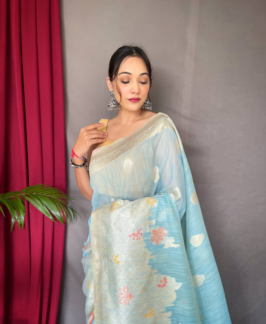 Sky Blue Pure Linen Slub Silk Saree With Orignal Zari Weaving