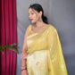 Lemon Pure Linen Slub Silk Saree With Orignal Zari Weaving