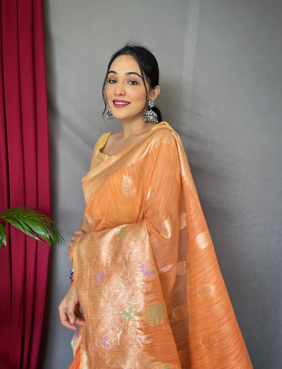 Orange Pure Linen Slub Silk Saree With Orignal Zari Weaving