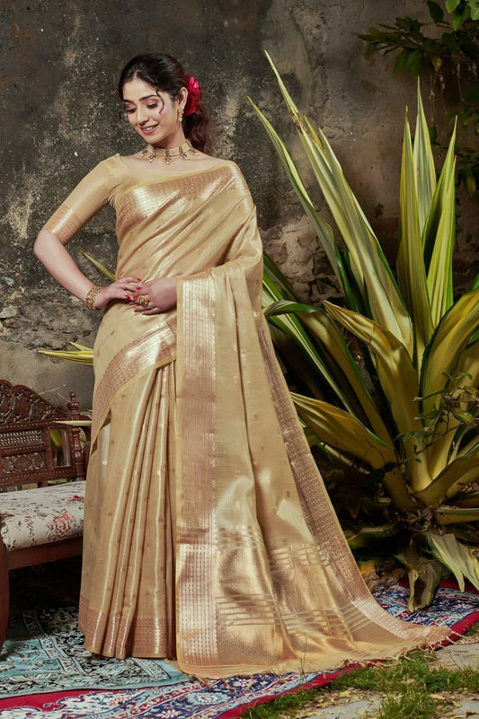 Golden Maheshwari Tissue Silk Weaving Saree