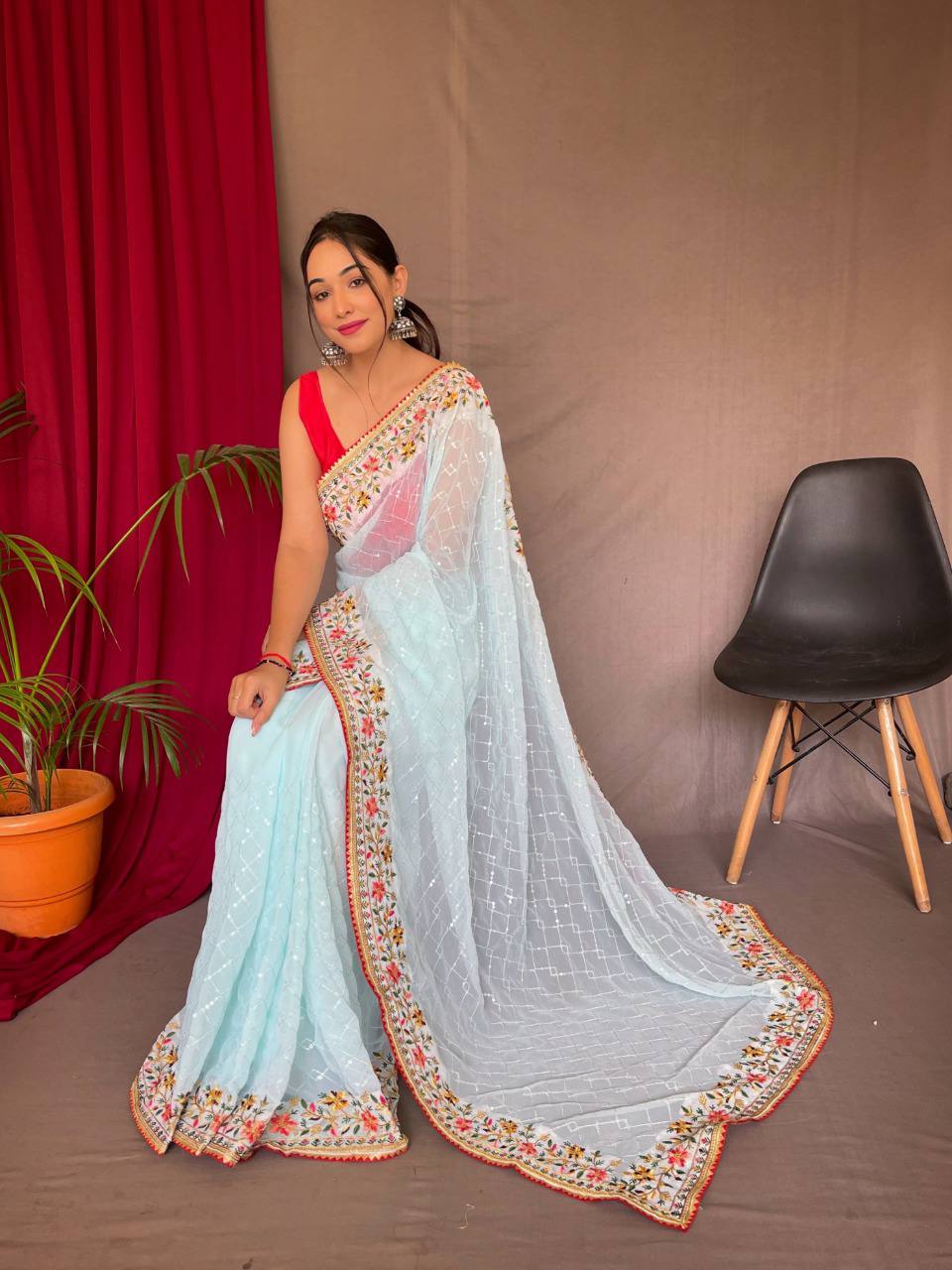 Sky Blue Pure Georgate Saree With All Over Sequence Work
