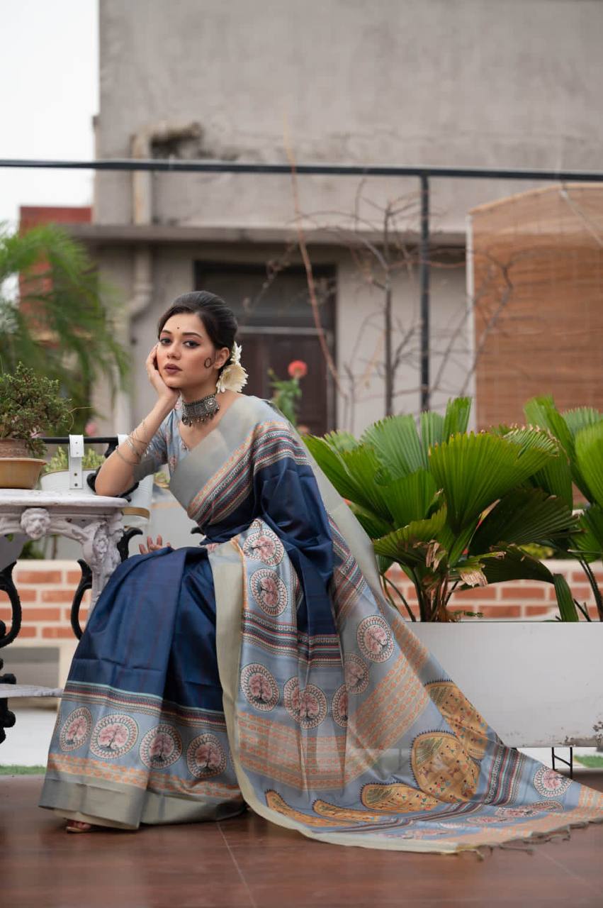 Blue Tussar Print Soft Saree With Zari Border
