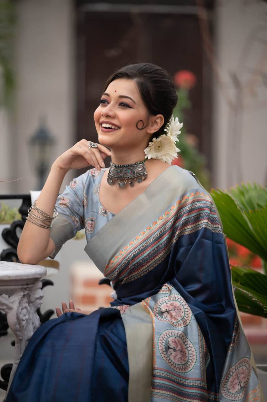 Blue Tussar Print Soft Saree With Zari Border