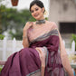 Wine Tussar Print Soft Saree With Zari Border