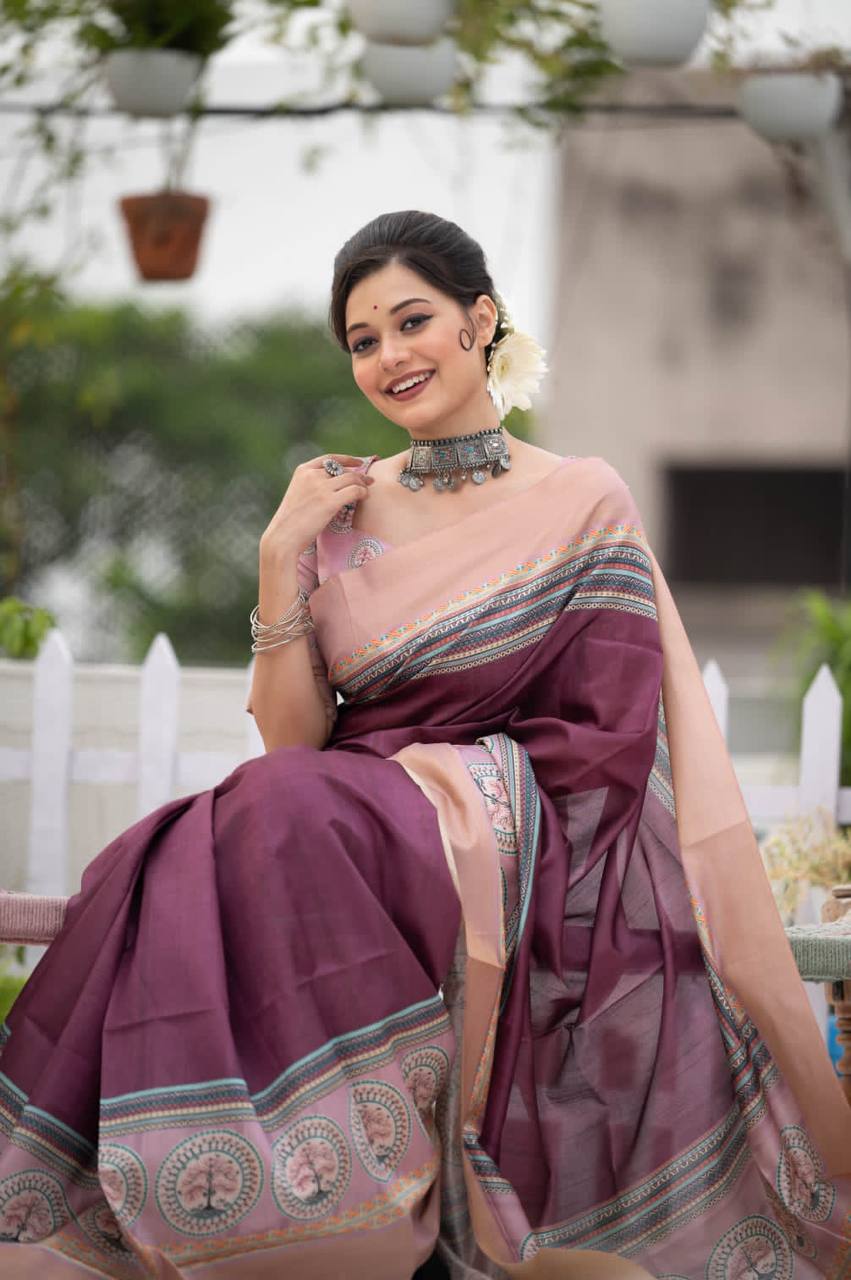 Wine Tussar Print Soft Saree With Zari Border