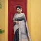 Black Tussar Print Soft Saree With Zari Border