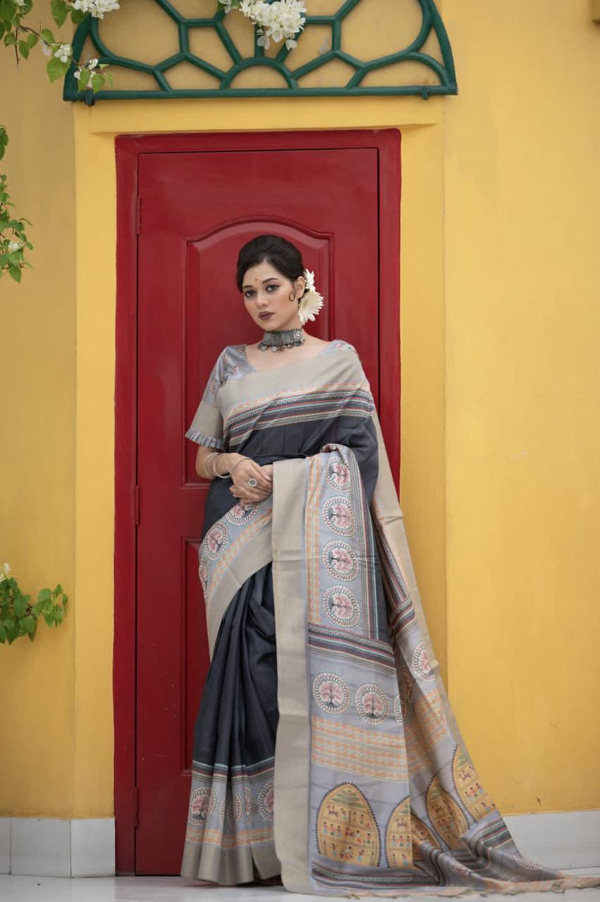 Black Tussar Print Soft Saree With Zari Border