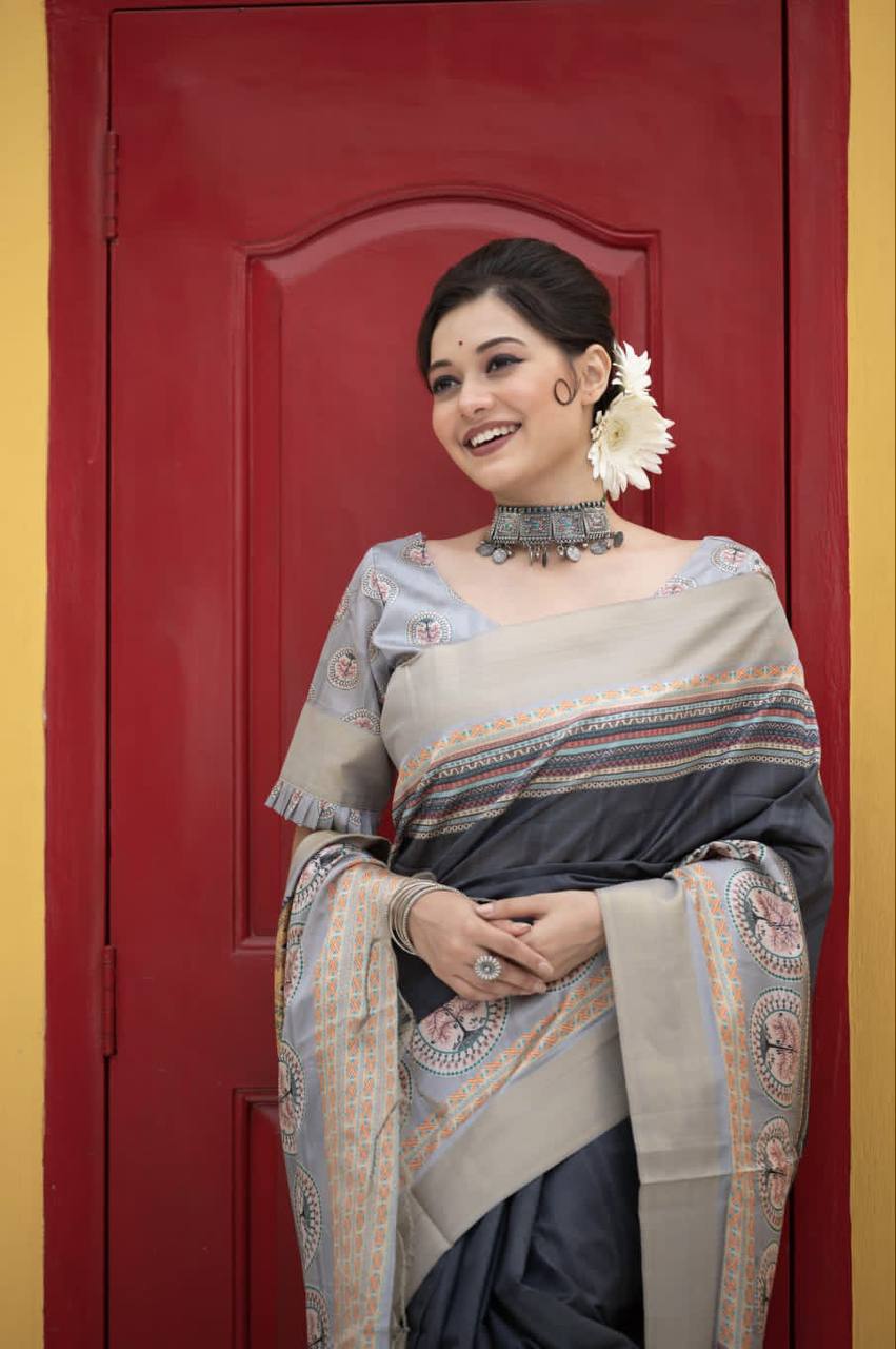 Black Tussar Print Soft Saree With Zari Border