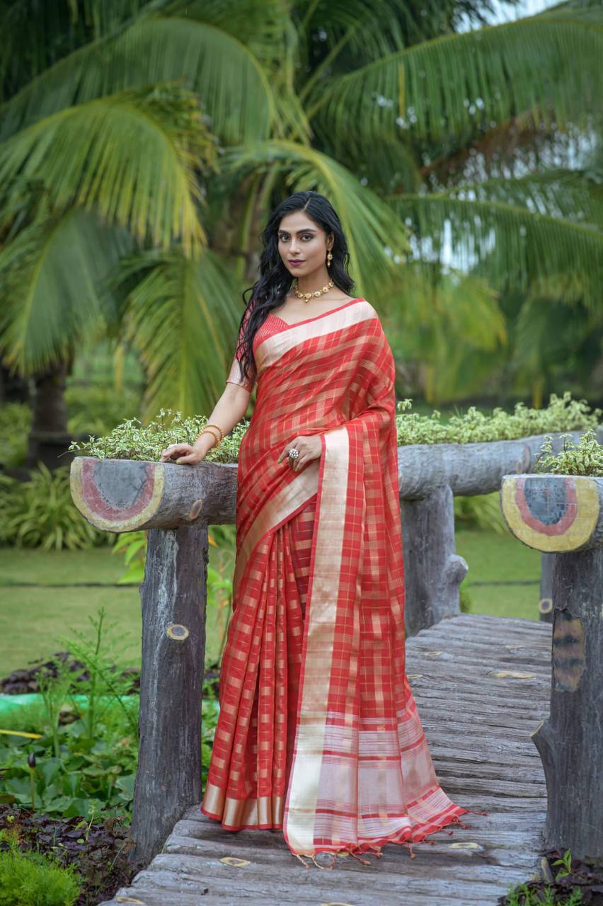 Red Soft Organza Silk Saree With All Over Zari Weaving
