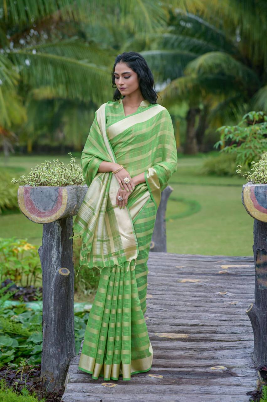Green Soft Organza Silk Saree With All Over Zari Weaving