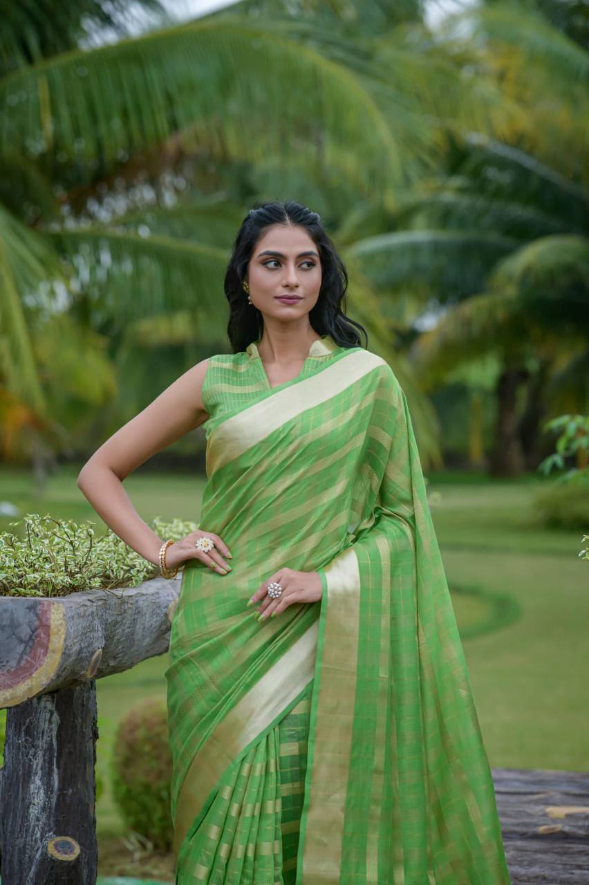 Green Soft Organza Silk Saree With All Over Zari Weaving