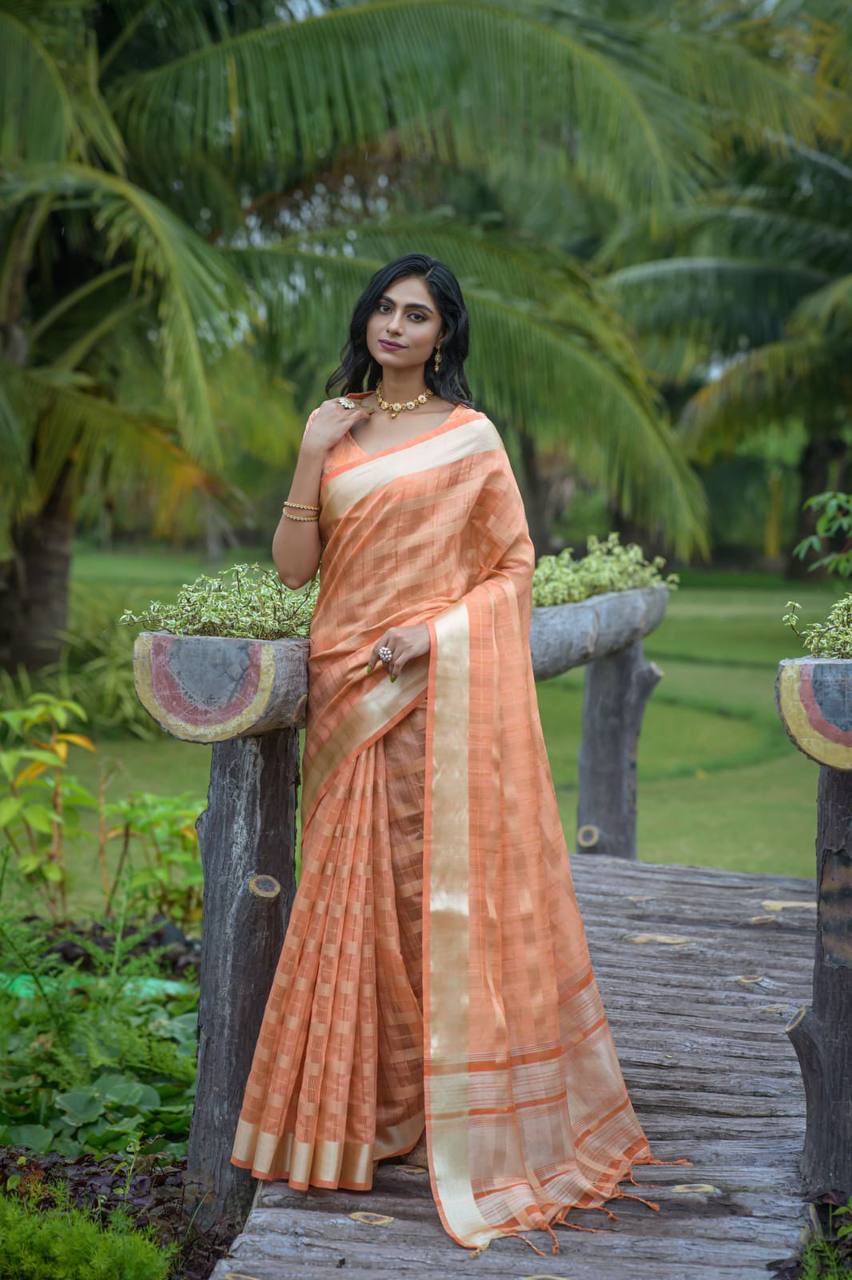 Orange Soft Organza Silk Saree With All Over Zari Weaving