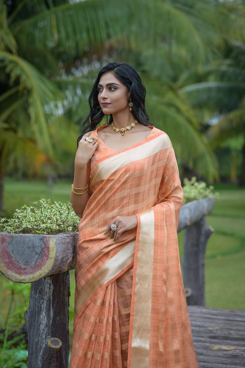 Orange Soft Organza Silk Saree With All Over Zari Weaving