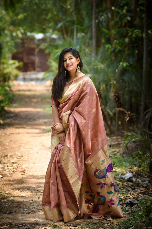 Peach Banarasi Tussar Silk Paithani Saree With Pure Zari Woven Border