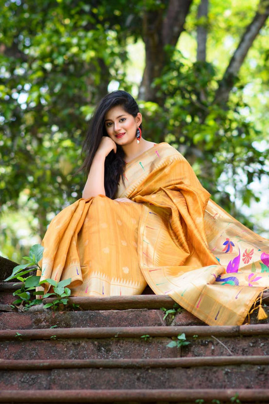 Yellow Banarasi Tussar Silk Paithani Saree With Pure Zari Woven Border