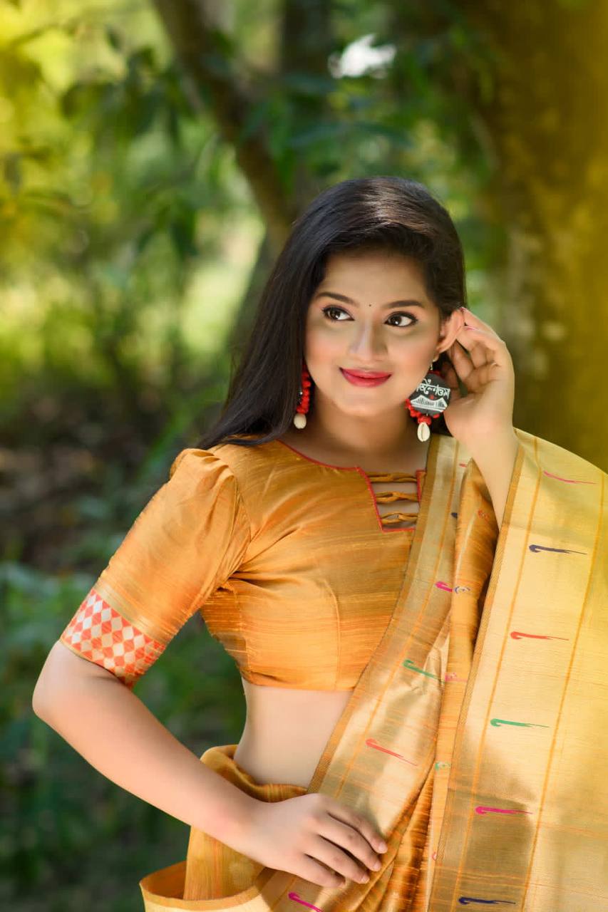 Yellow Banarasi Tussar Silk Paithani Saree With Pure Zari Woven Border