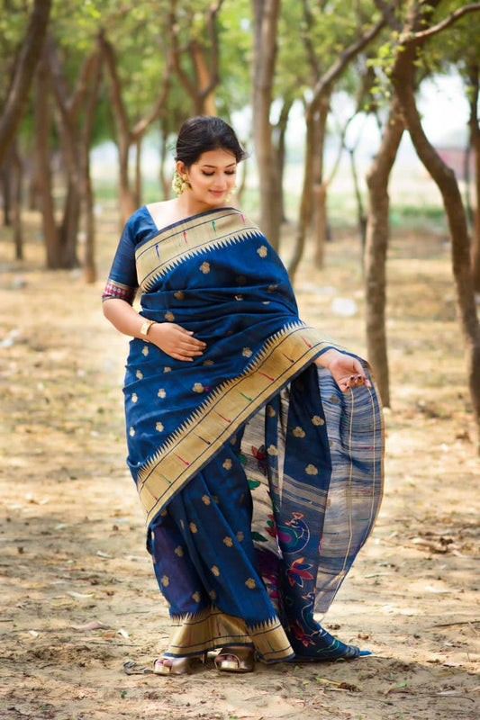 Blue Banarasi Tussar Silk Paithani Saree With Pure Zari Woven Border