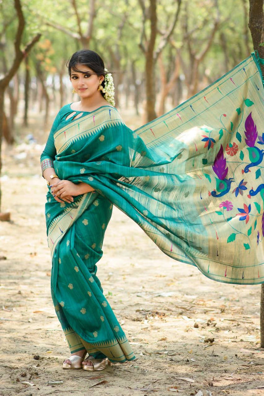 Sky Blue Banarasi Tussar Silk Paithani Saree With Pure Zari Woven Border