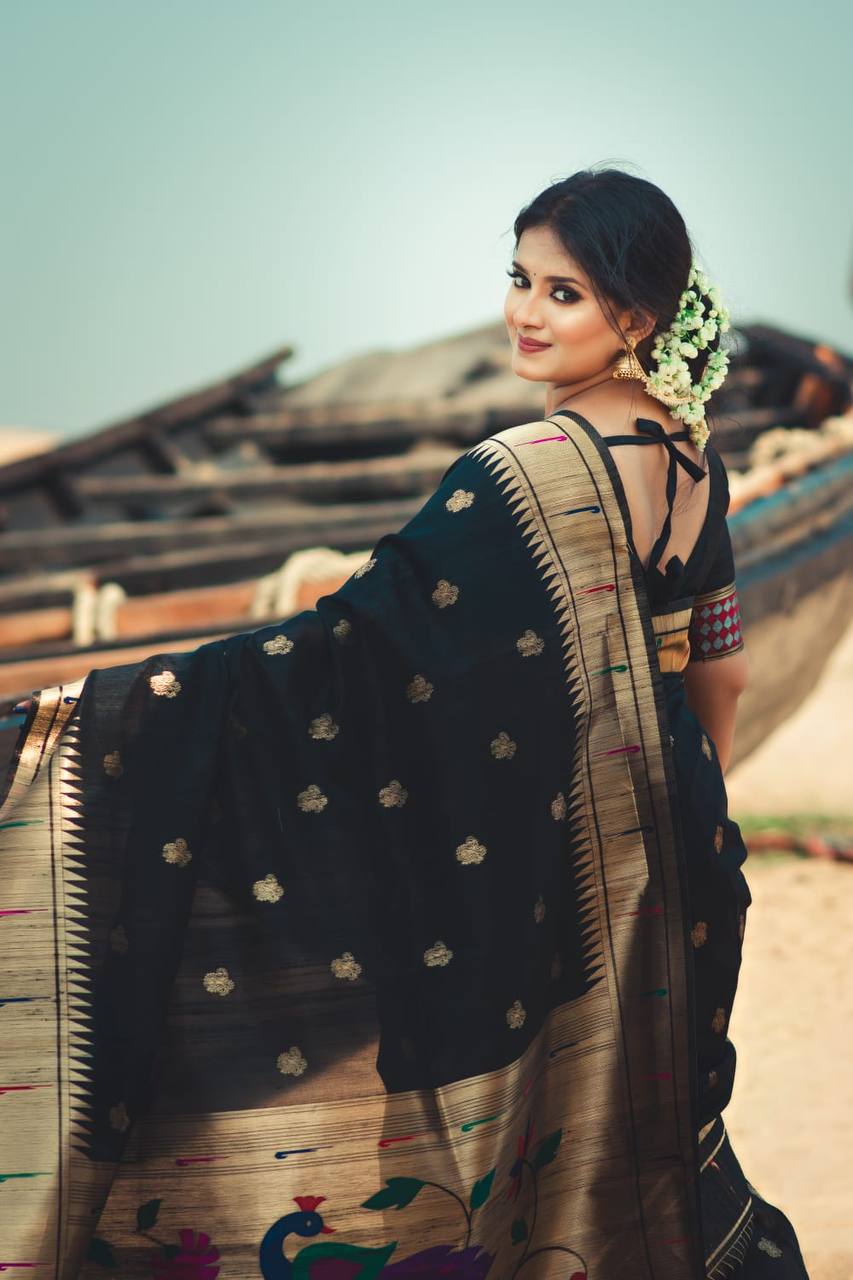 Black Banarasi Tussar Silk Paithani Saree With Pure Zari Woven Border