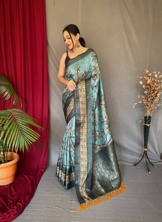 Sky Blue Pure Kanchipuram Digital Printed Saree