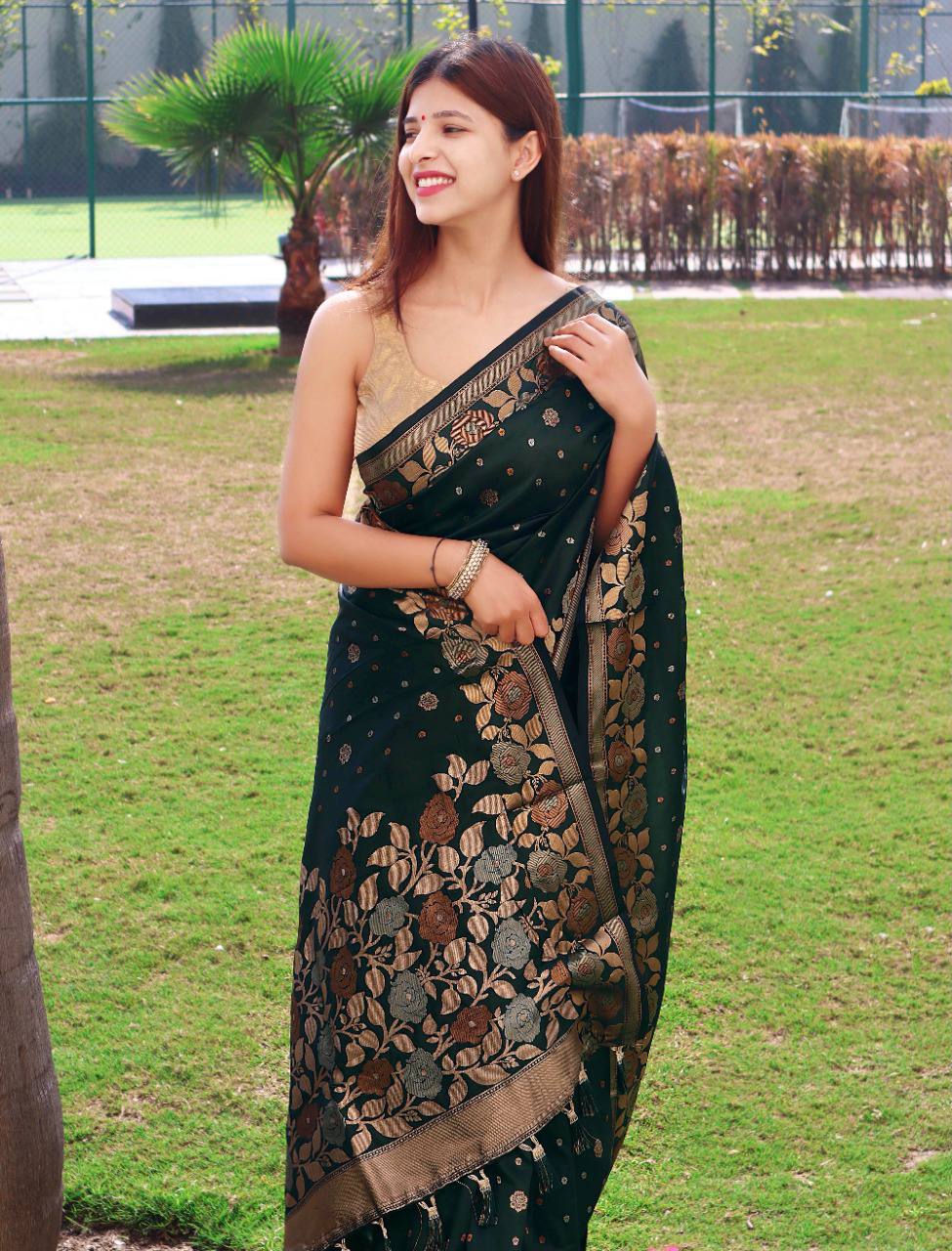 Black Pure Soft  Silk Saree With Copper And Golden Zari
