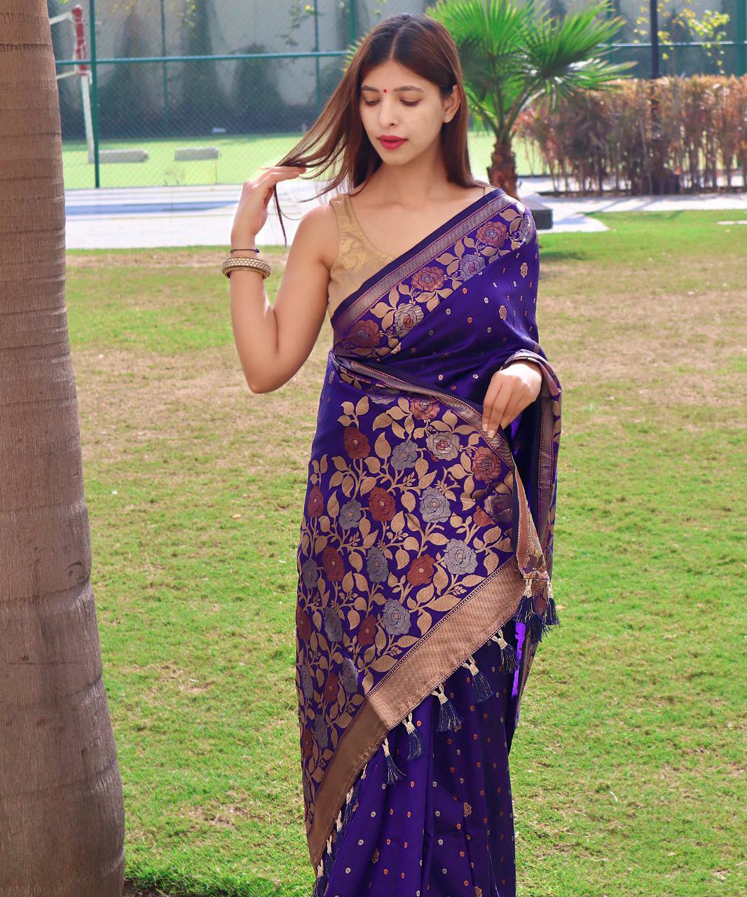 Blue Pure Soft  Silk Saree With Copper And Golden Zari