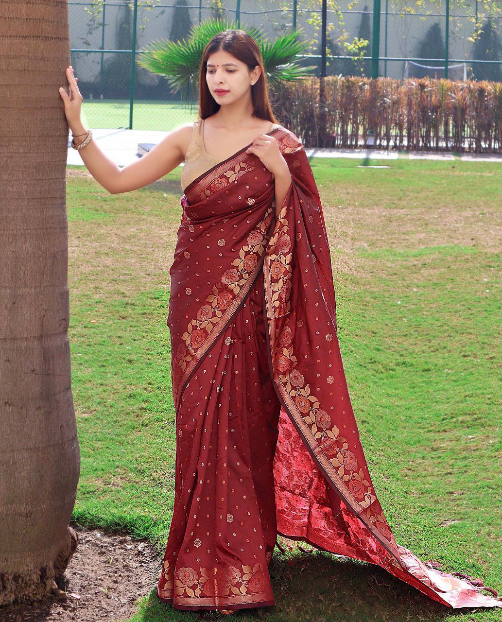 Red Pure Soft  Silk Saree With Copper And Golden Zari