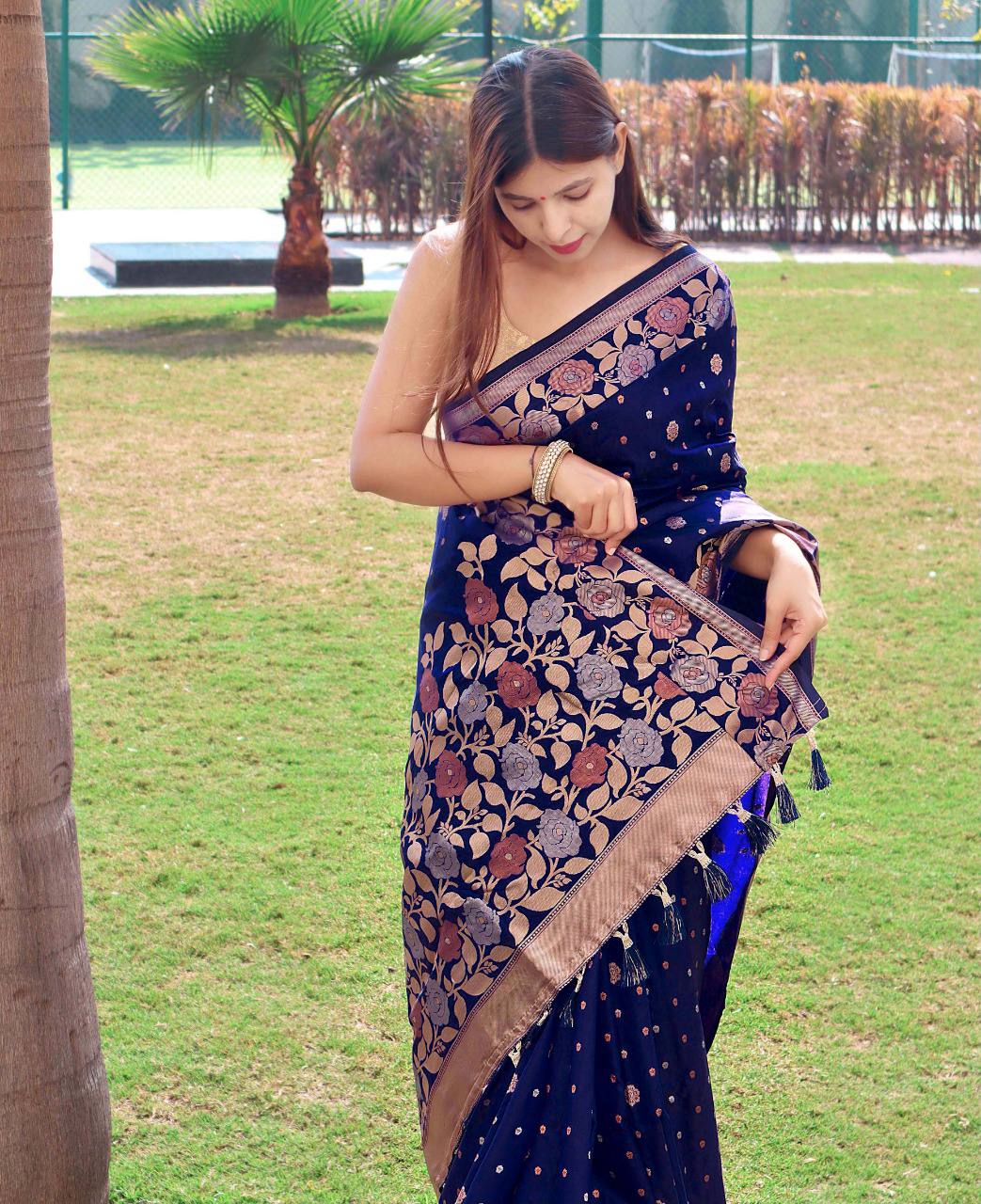 Blue Pure Soft  Silk Saree With Copper And Golden Zari