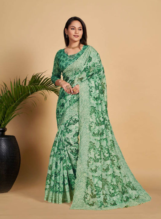 Green Soft Linen Cotton Saree