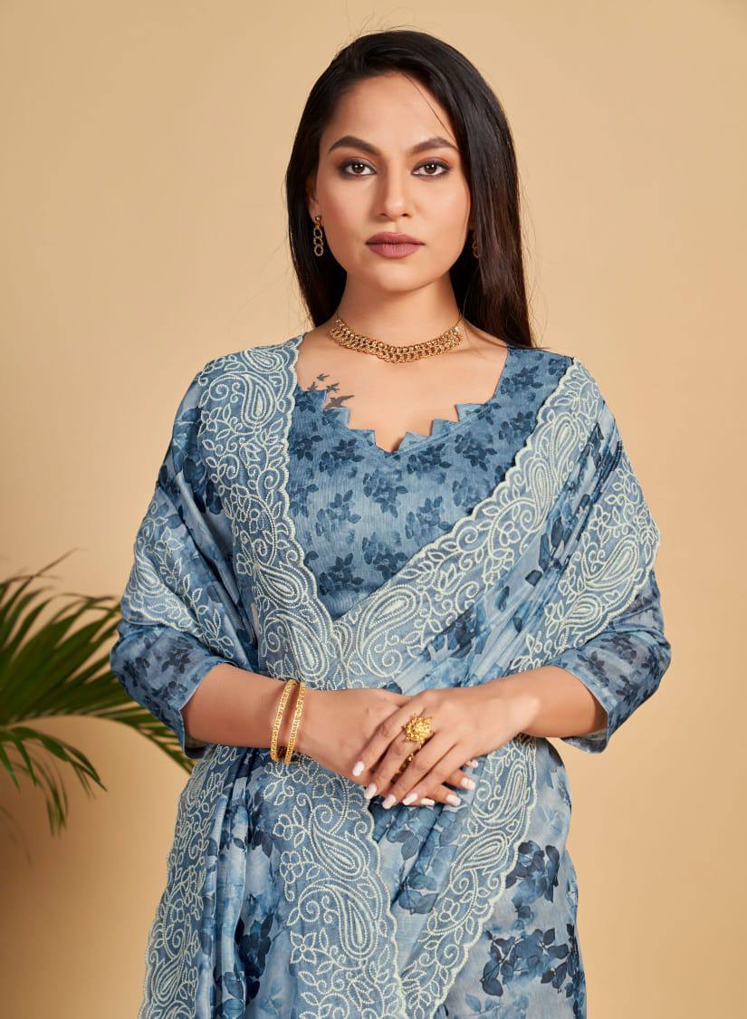 Teal Soft Linen Cotton Saree