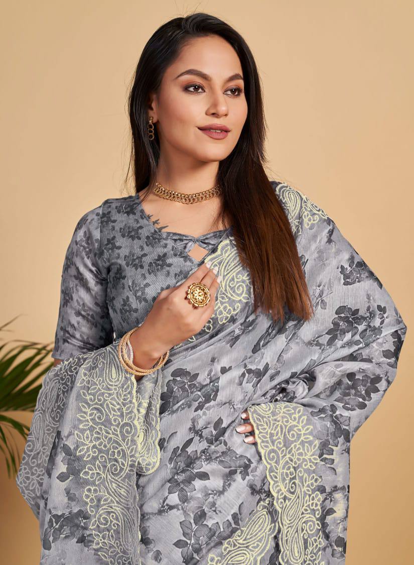 Grey Soft Linen Cotton Saree