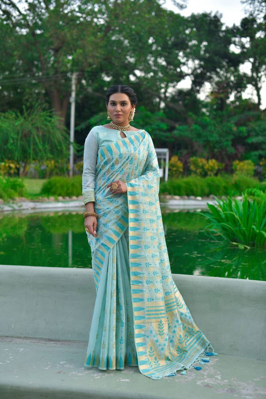 Sky Blue Pure Tussar Silk Jamdani Weaving Saree