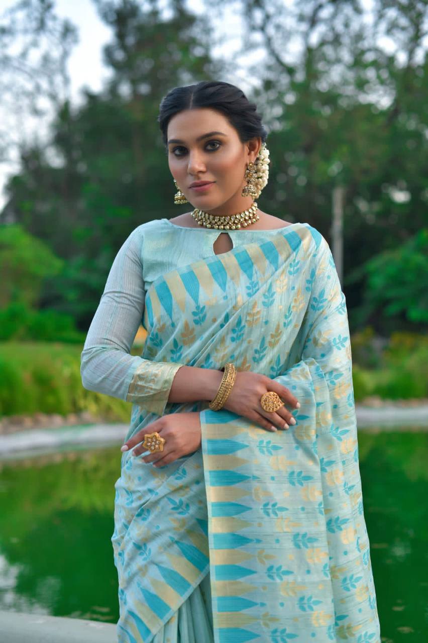 Sky Blue Pure Tussar Silk Jamdani Weaving Saree