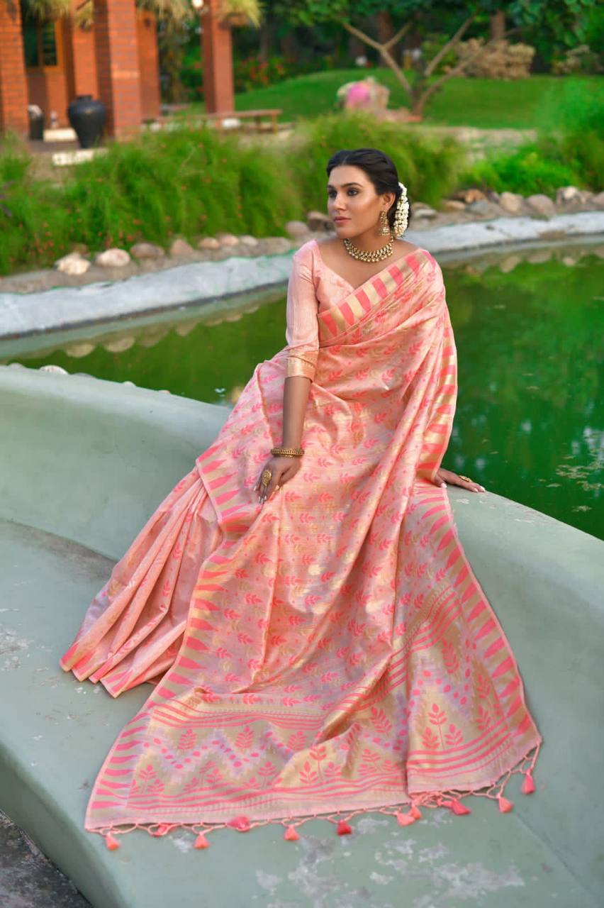 Peach Pure Tussar Silk Jamdani Weaving Saree