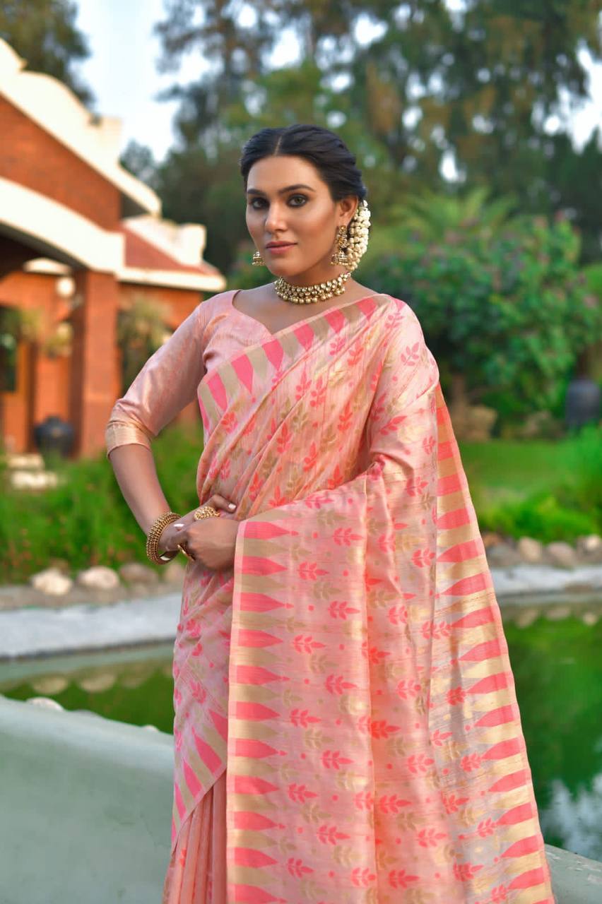 Peach Pure Tussar Silk Jamdani Weaving Saree