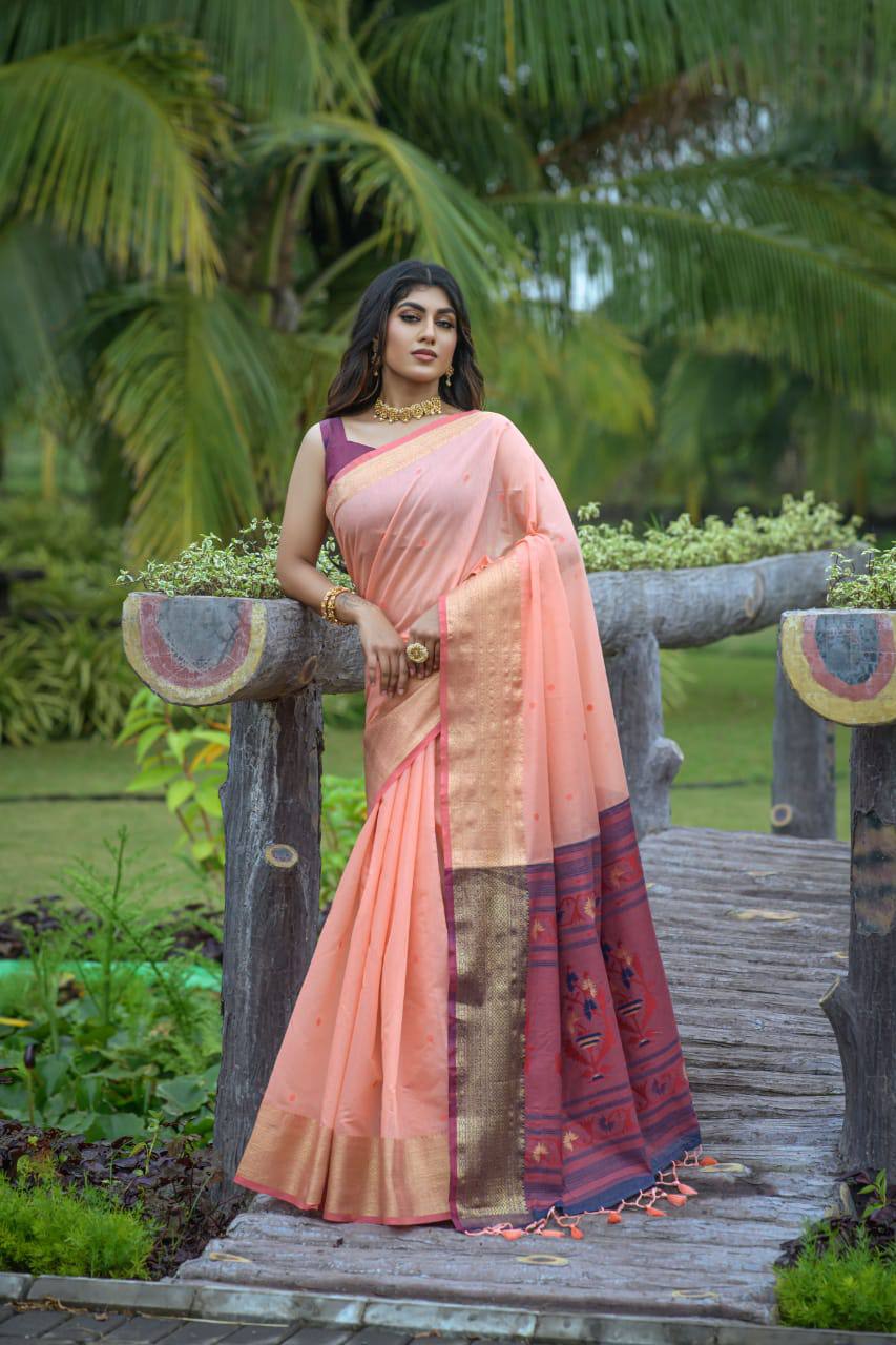 Pink Premium Chanderi Silk Saree With Unique Meena Weaves