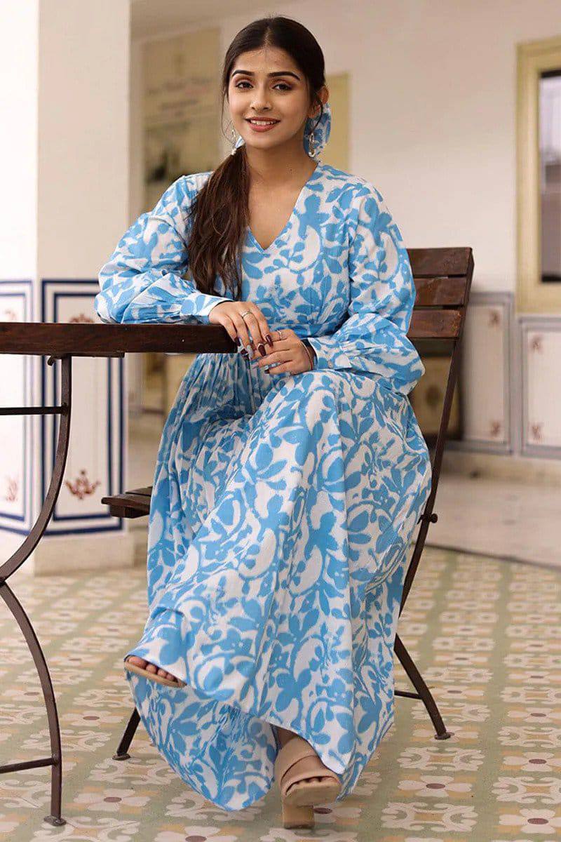 Sky Blue Printed Long Dress With Puffed Long Sleeves