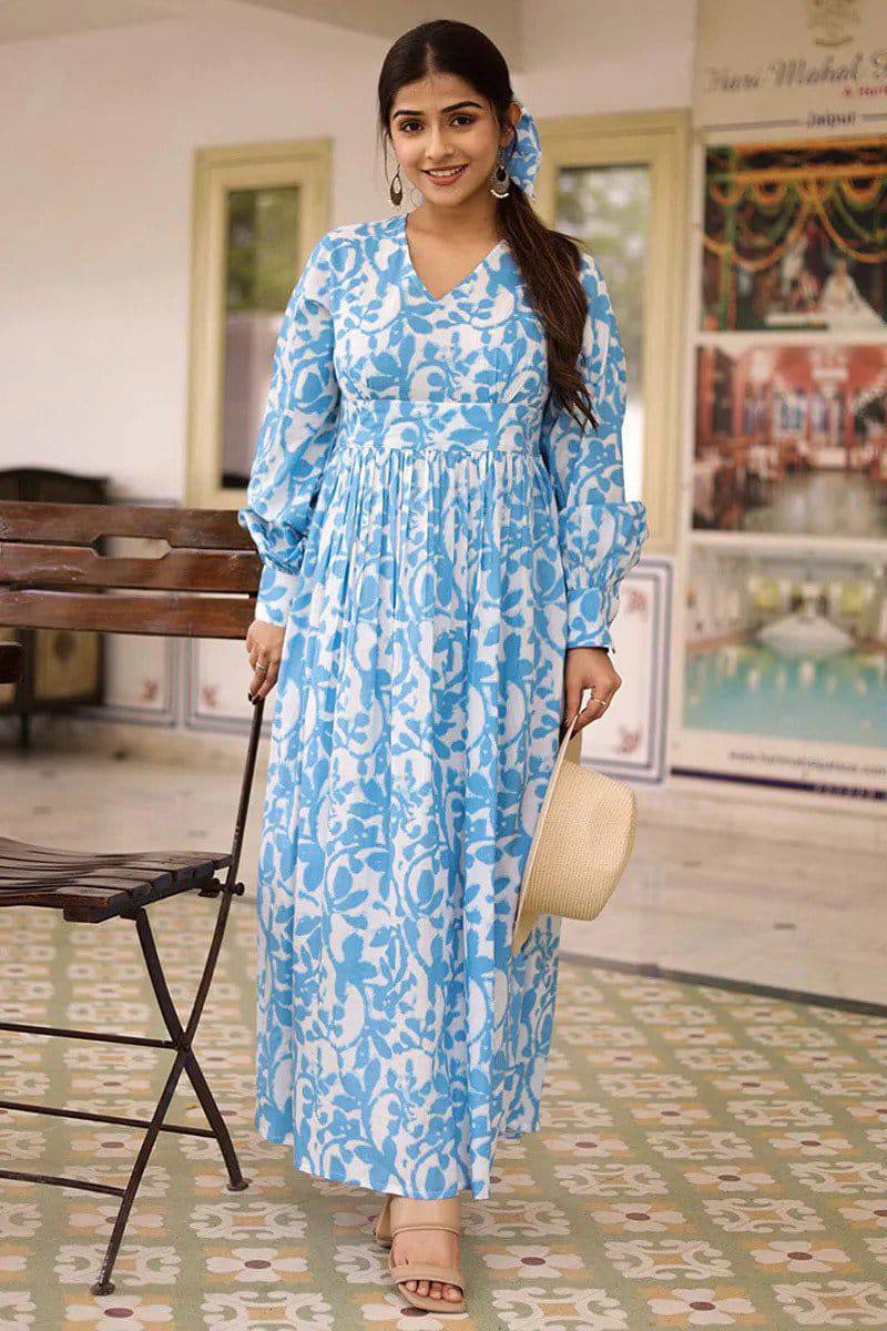 Sky Blue Printed Long Dress With Puffed Long Sleeves