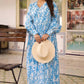 Sky Blue Printed Long Dress With Puffed Long Sleeves
