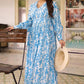 Sky Blue Printed Long Dress With Puffed Long Sleeves