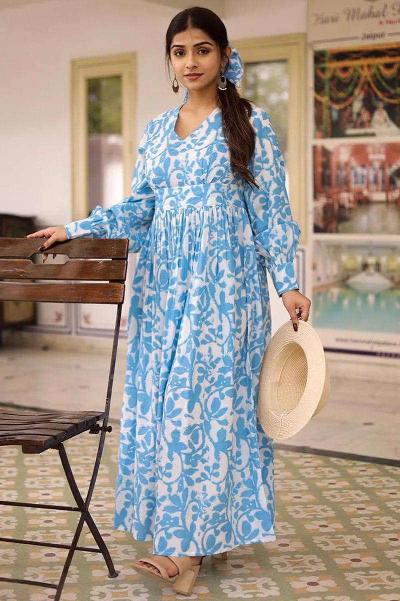 Sky Blue Printed Long Dress With Puffed Long Sleeves