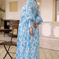 Sky Blue Printed Long Dress With Puffed Long Sleeves