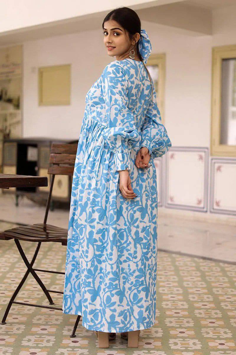 Sky Blue Printed Long Dress With Puffed Long Sleeves