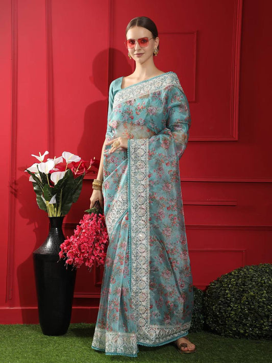 Sky Blue Soft Organza Silk Saree